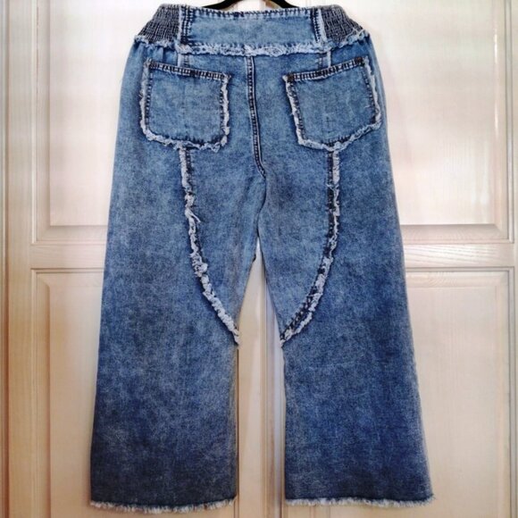 Stonewash Denim w/Fraying Crop Wide Leg Jeans & Stripe Sweater Bundle SZ Lg, NWT - Picture 11 of 16